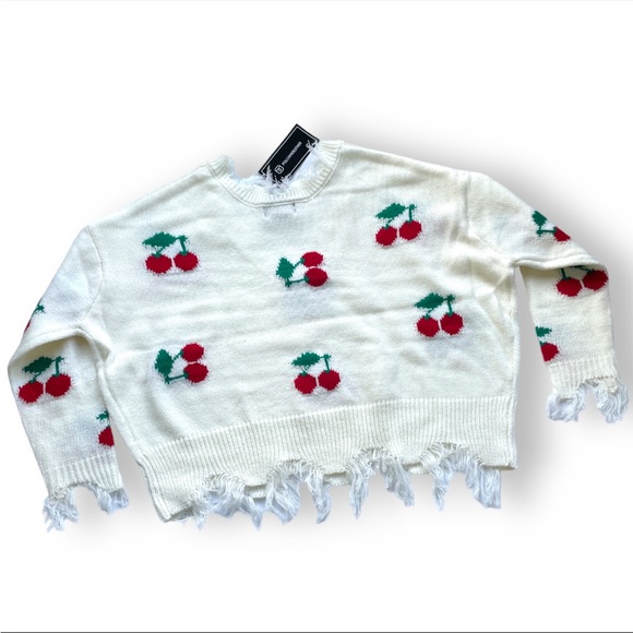 NWT Just Polly juniors Frayed V-neck Cherry Pullover Oversize Sweater Size Small - Picture 5 of 11